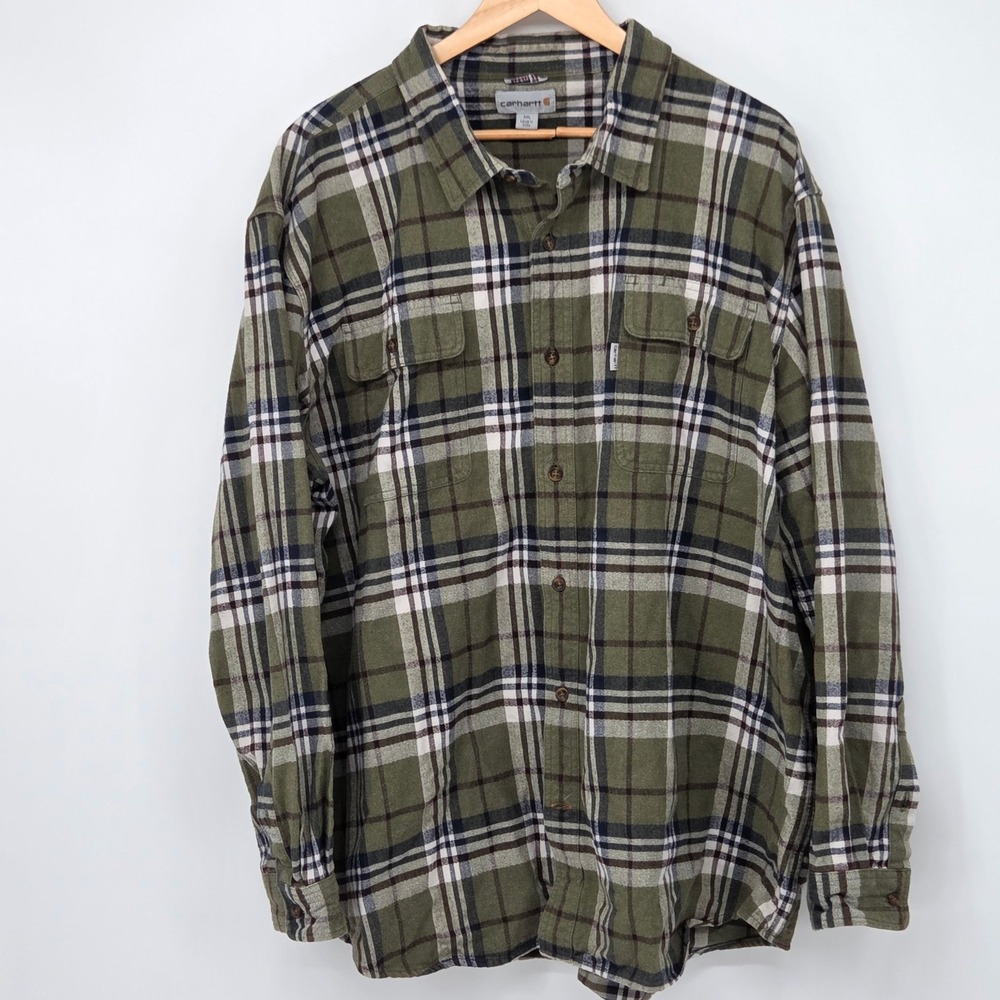 Carhartt Mens 3XL Original Fit Plaid Flannel Work Shirt Olive Green 101749 EUC